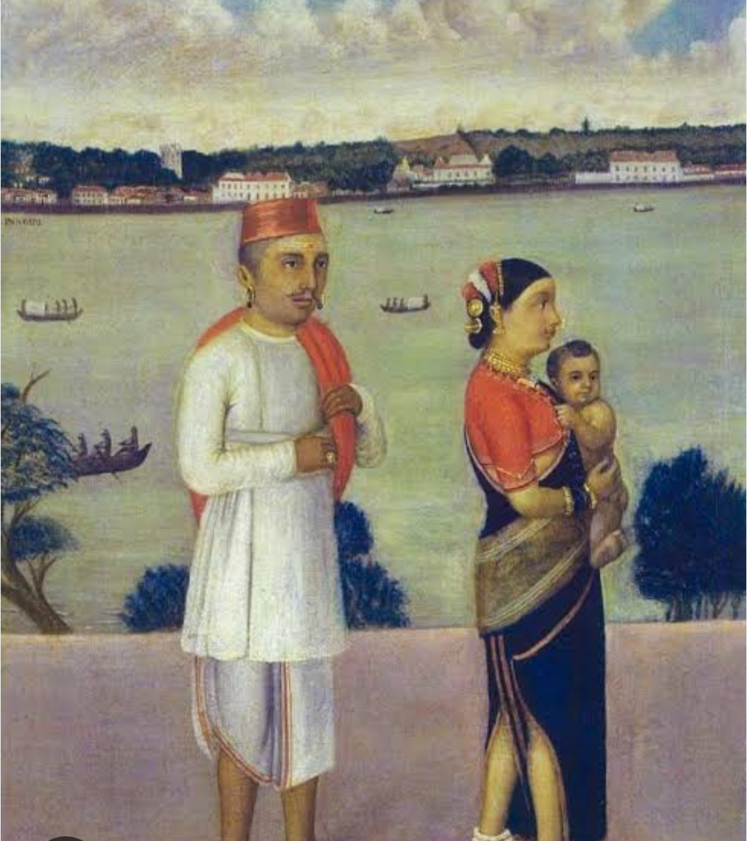 Historical depiction of a Baidya family, portraying traditional attire and domestic life in an early South Asian setting.