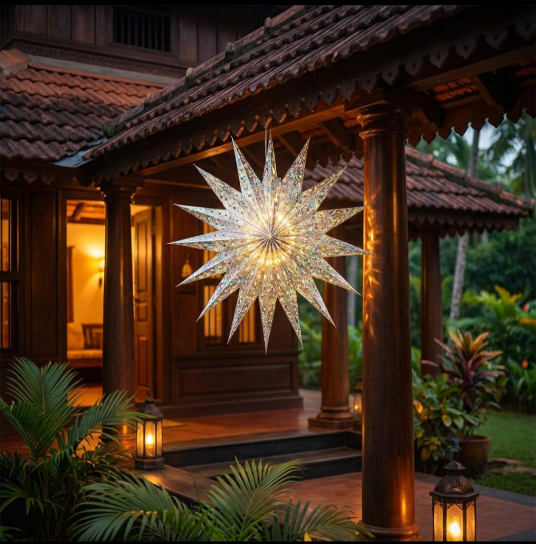 A traditional Christmas star lantern displayed outside a Christian home in South India during the Christmas season.