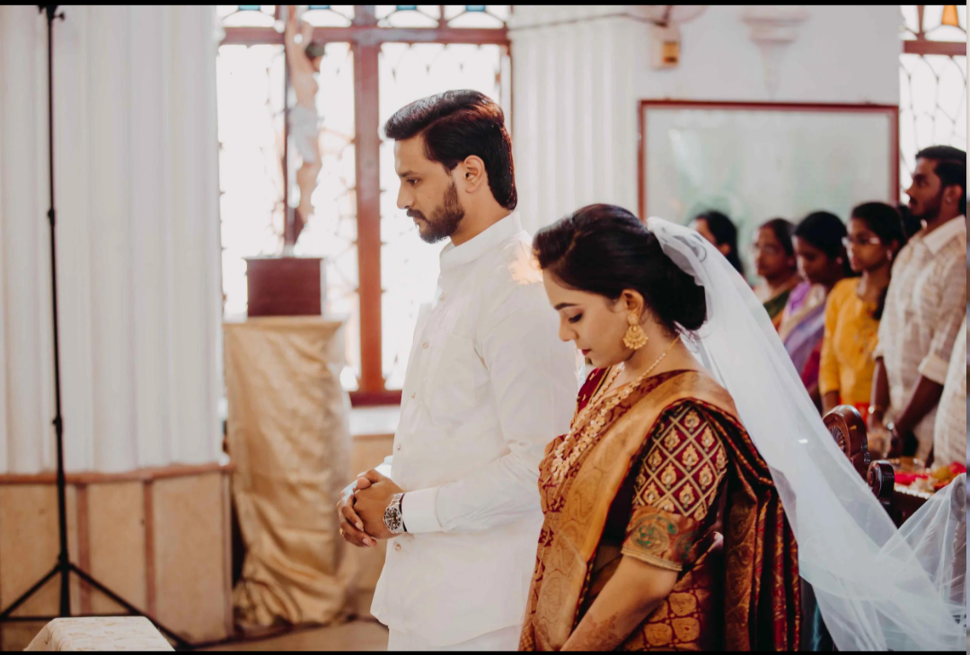 A CSI church wedding in South India, combining Christian vows and regional wedding traditions.