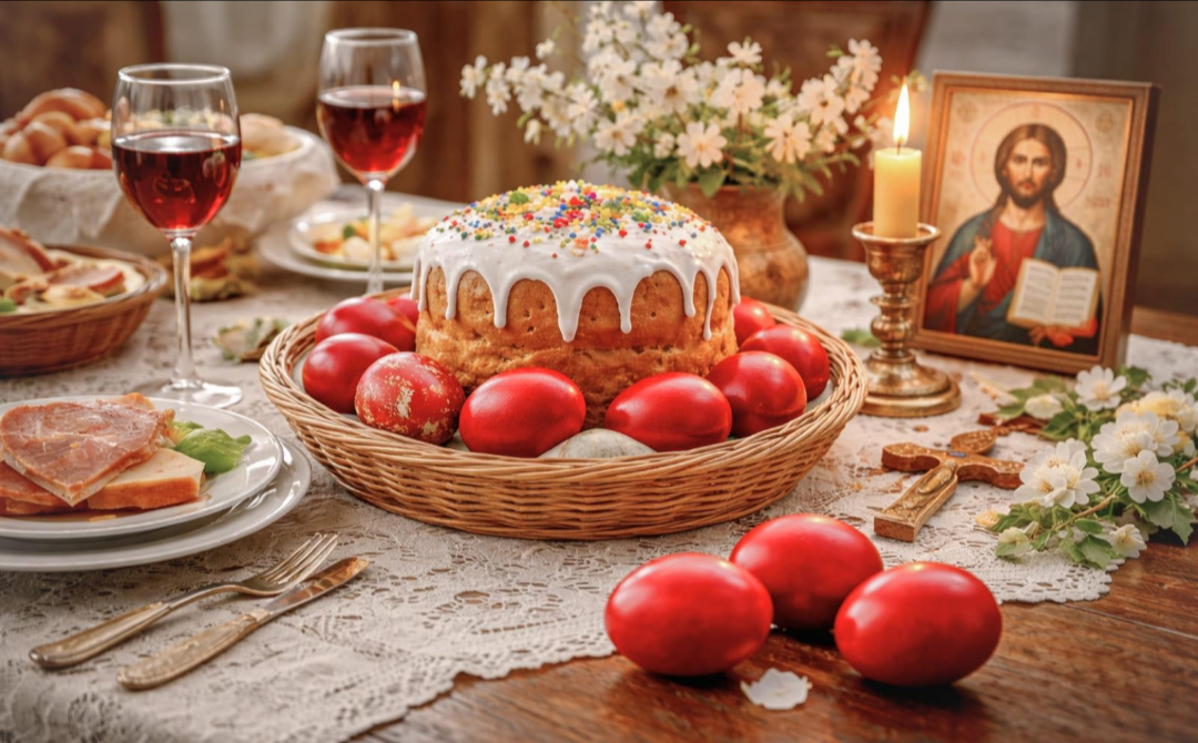 Traditional Orthodox Easter foods, including red-dyed eggs, kulich and paskha, prepared to mark the end of the Lenten fast.