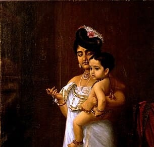 Historical painting depicting a Nair woman dressed in a white kasavu-style garment with gold borders, carrying a young child adorned with traditional jewelry. A dog sits beside her, while the indoor setting and attire illustrate the social life, family structure, and cultural heritage of the Nair community in Kerala.