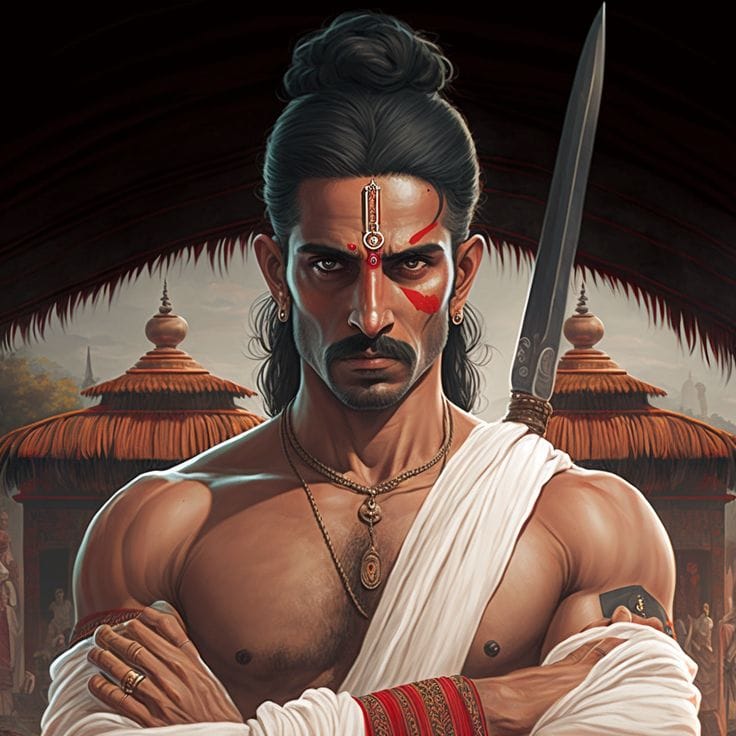 Digital artwork depicting a traditional Nair warrior standing confidently with crossed arms and a sword in the background. The figure wears a white garment, traditional ornaments, and sacred forehead markings, with Kerala-style temple architecture behind him, symbolizing the martial heritage and warrior traditions of the Nair community.