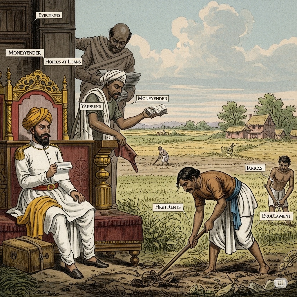 Illustrative artwork depicting a feudal landlord seated on an ornate chair while peasants work in agricultural fields. Labels referencing rents, moneylenders, evictions, and debt symbolize the agrarian hierarchy and tenancy system that existed before Kerala's land reforms. The image represents the decline of feudal landholding power and the transition toward a more equitable rural society.
