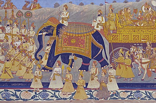 A royal Rajput procession, depicted on a mural at the Mehrangarh Fort in Jodhpur
