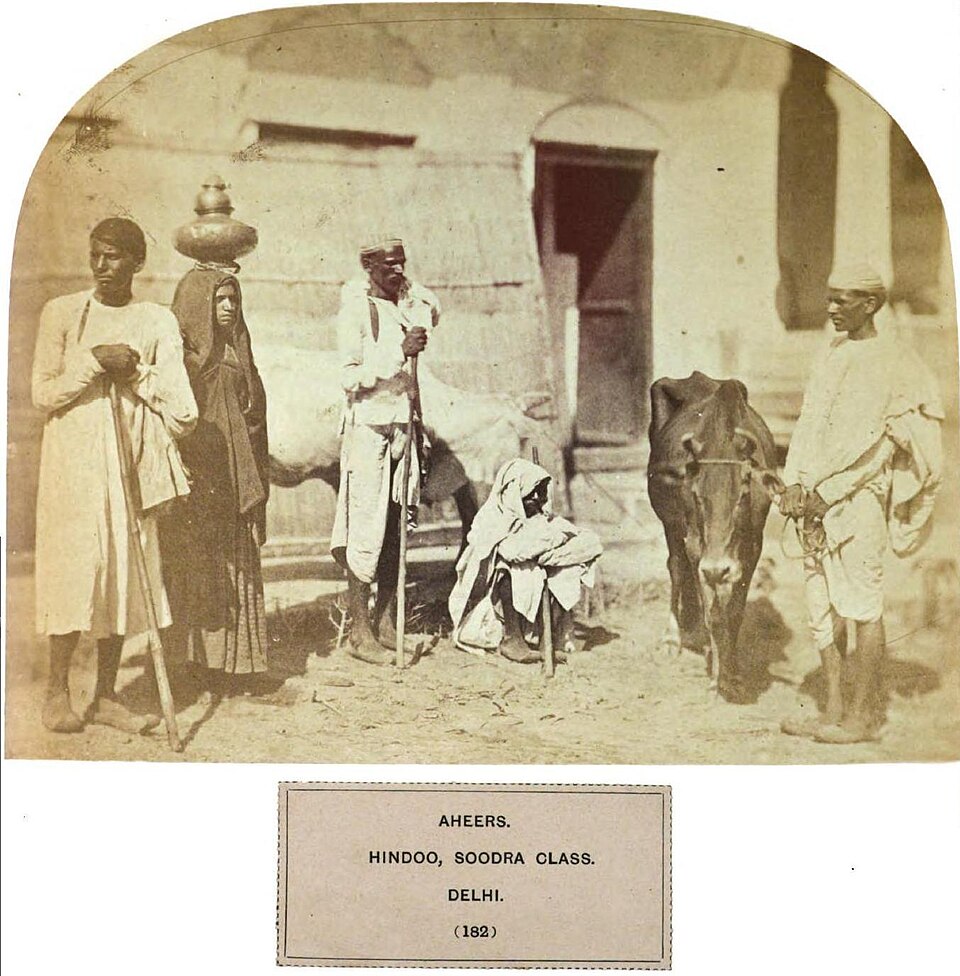 A group of Aheers, a major constituent of the Yadav group, from around Delhi, 1868, as appearing in a British ethnography describing the many castes and races of India.