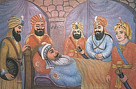 Painting of Jassa Singh Ramgarhia on his deathbed surrounded by family members, circa 20th century