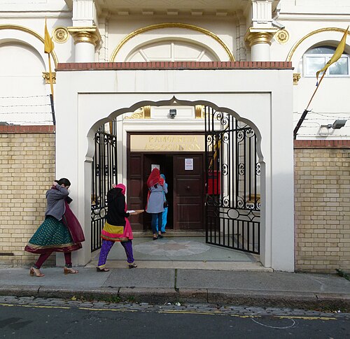 Main entrance of the Ramgarhia Gurdwara in Masons Hill, Woolwich, South East London, U.K, 2016
