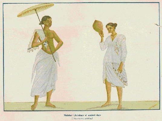 Nasranis or Syrian Christians of Kerala in ancient days (from an old painting). Photo published in the Cochin Government Royal War Efforts Souvenir in 1938.