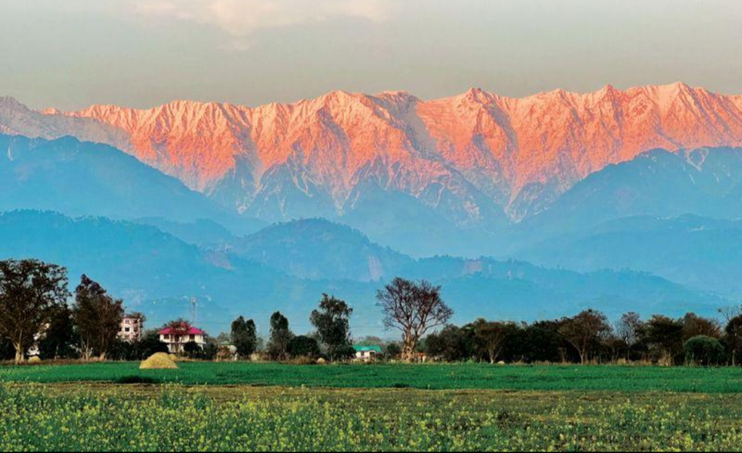 The Dhauladhar range rising above the Kangra Valley, a major centre of Pahari Brahmin settlement.