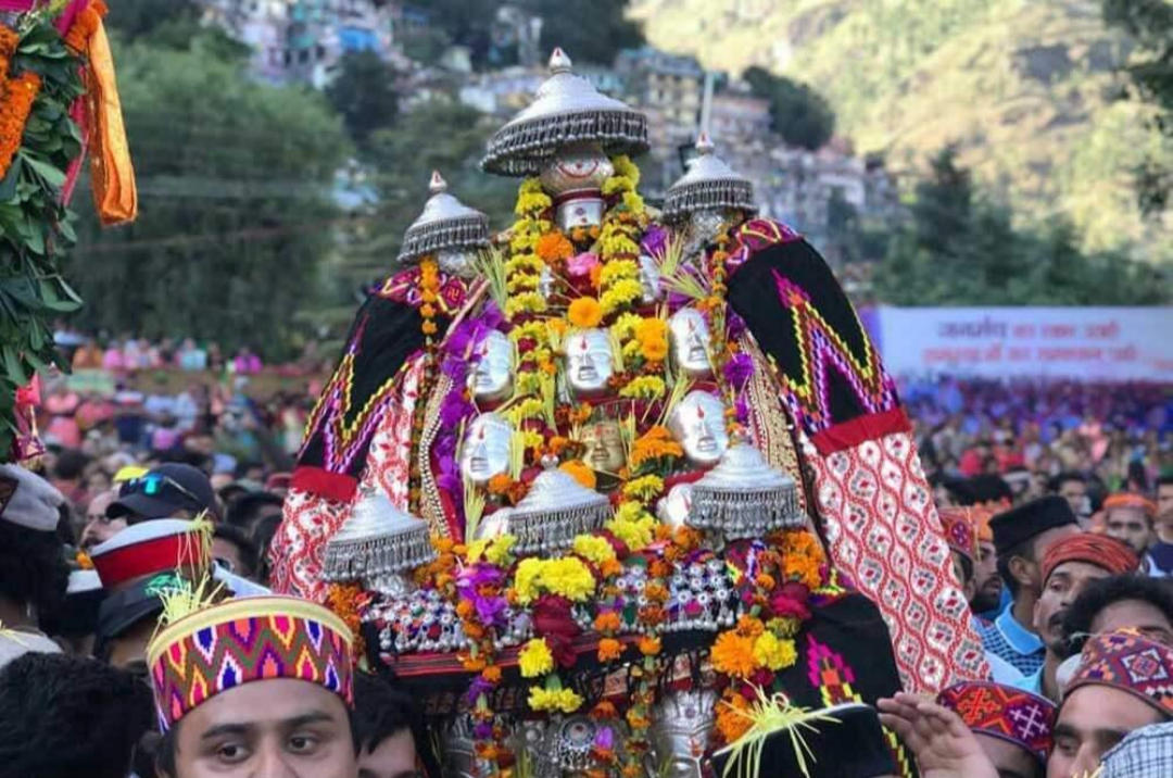 Village devtas carried in decorated palanquins during Kullu Dussehra, when deities from across the valley gather to honour Raghunath ji.