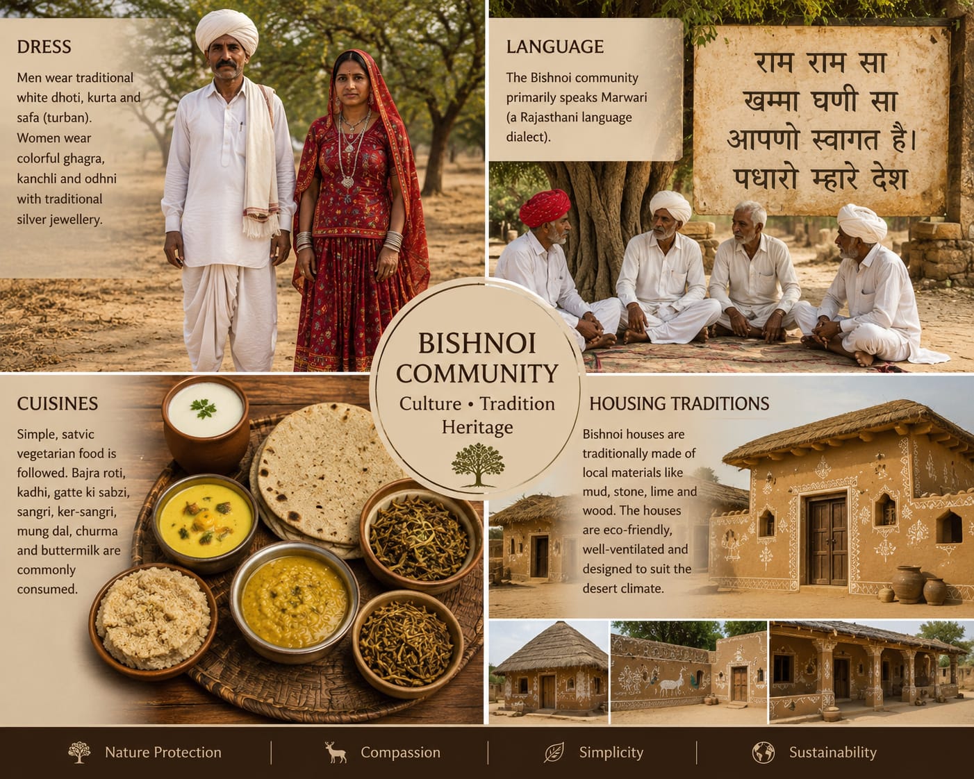 Collage illustrating the Bishnoi community's traditional dress, Marwari language, vegetarian cuisine, and eco-friendly mud houses in Rajasthan, highlighting the community's cultural heritage, sustainable lifestyle, and environmental values.