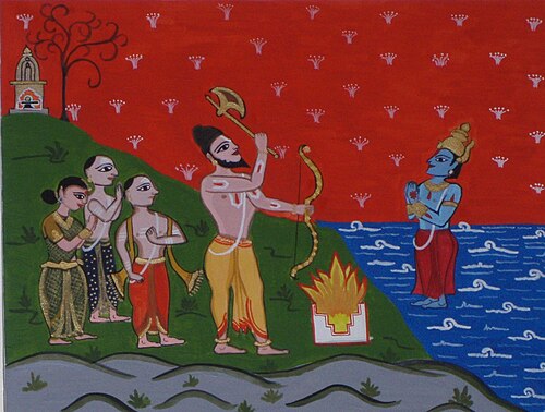 Parashurama with Saraswat Brahmin, commanding Varuna to make the seas recede in order to create the Konkan Region